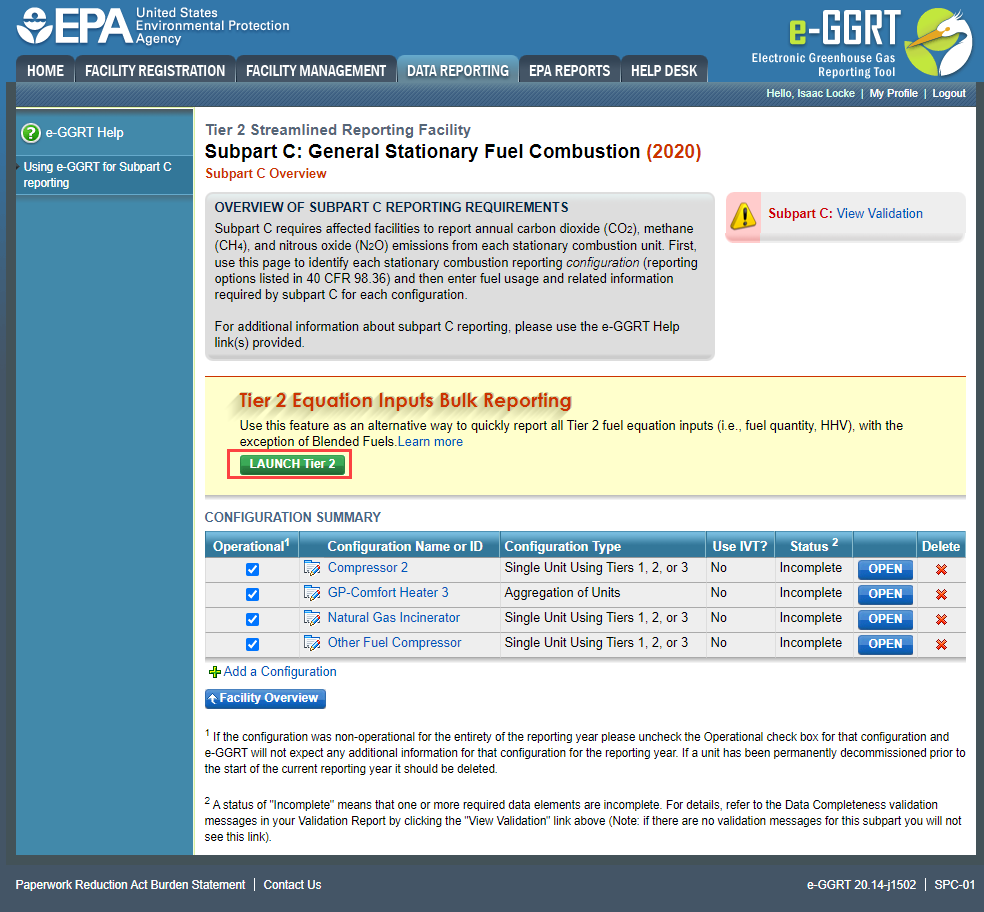 Subpart C Launch Tier 2 Subpart C Launch Tier 2 Equation Inputs Bulk Reporting Button