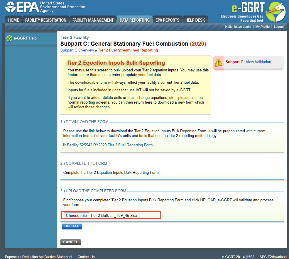 Subpart C Launch Tier 2 Equation Inputs Bulk Reporting Choose a File Button