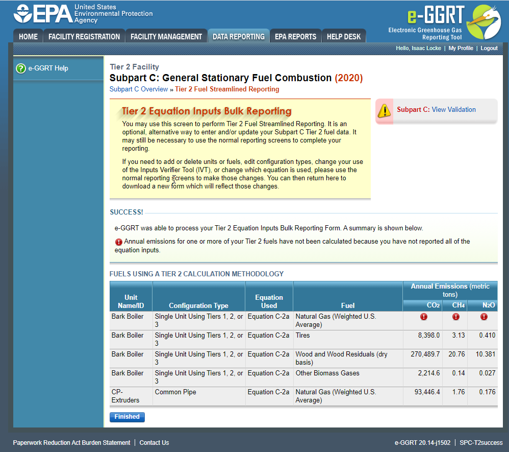 Subpart C Launch Tier 2 Equation Inputs Bulk Reporting Missing Required Data Warning Message