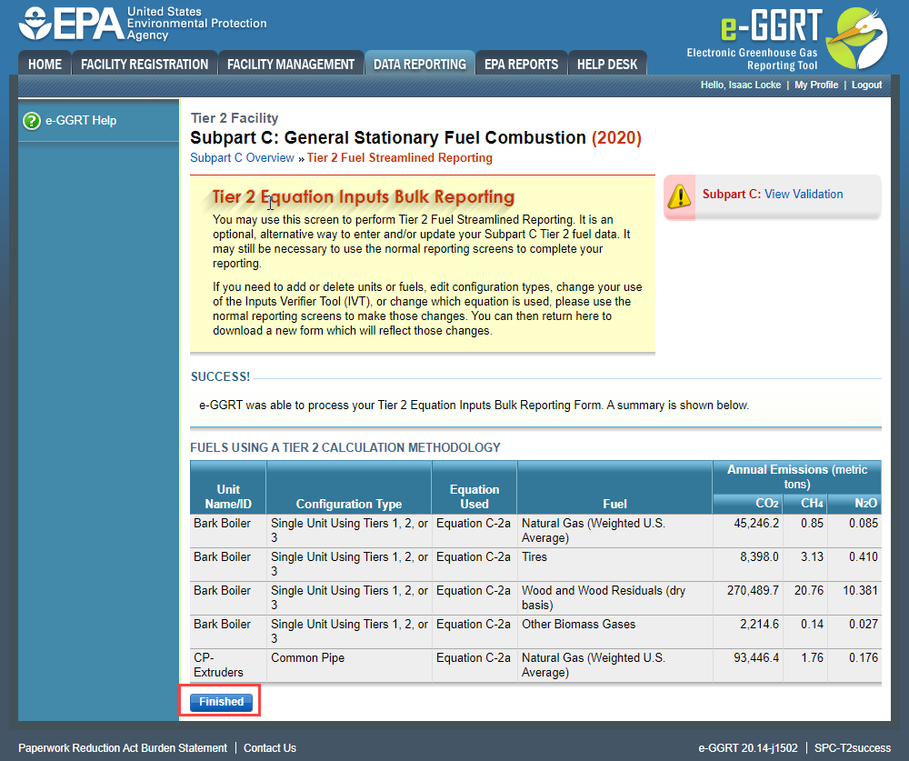 Subpart C Launch Tier 2 Equation Inputs Bulk Reporting Successful Spreadsheet Upload into e-GGRT Application