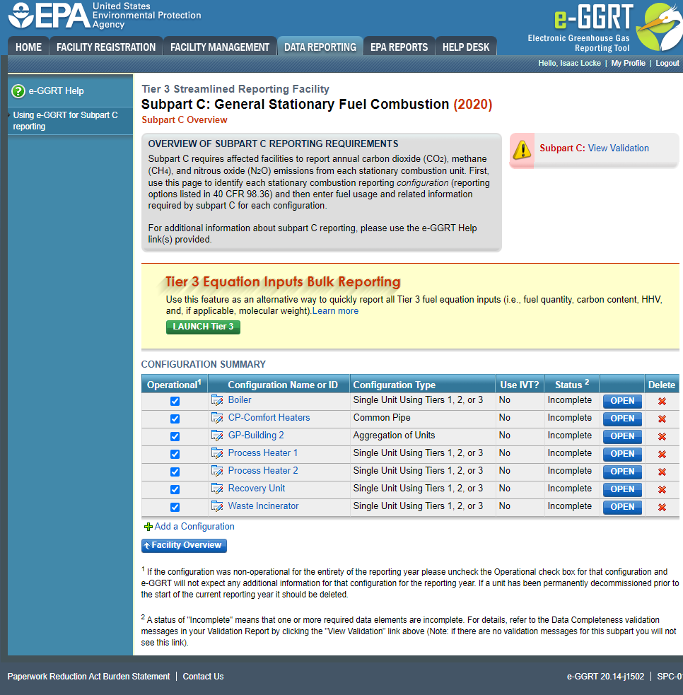 Subpart C Launch Tier 2 Subpart C Launch Tier 3 Equation Inputs Bulk Reporting Button