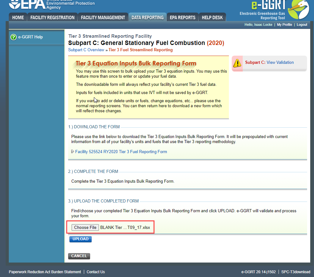Subpart C Launch Tier 3 Equation Inputs Bulk Reporting Choose a File Button