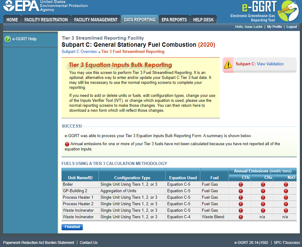 Subpart C Launch Tier 3 Equation Inputs Bulk Reporting Missing Required Data Warning Message