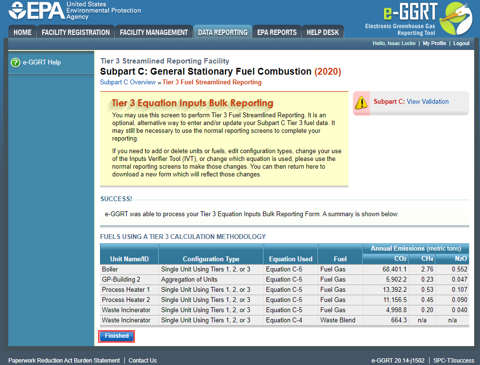 Subpart C Launch Tier 3 Equation Inputs Bulk Reporting Successful Spreadsheet Upload into e-GGRT Application