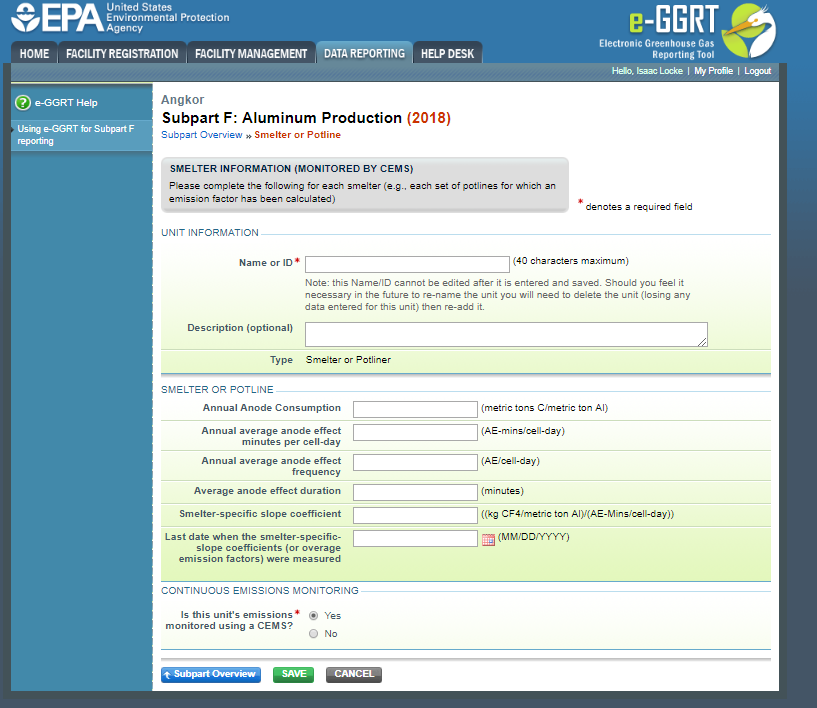 Subpart F: Enter Data for Smelter or Potline