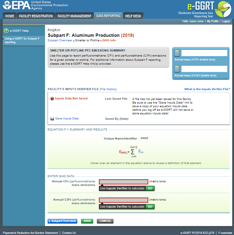 Subpart F: Enter GHG Data