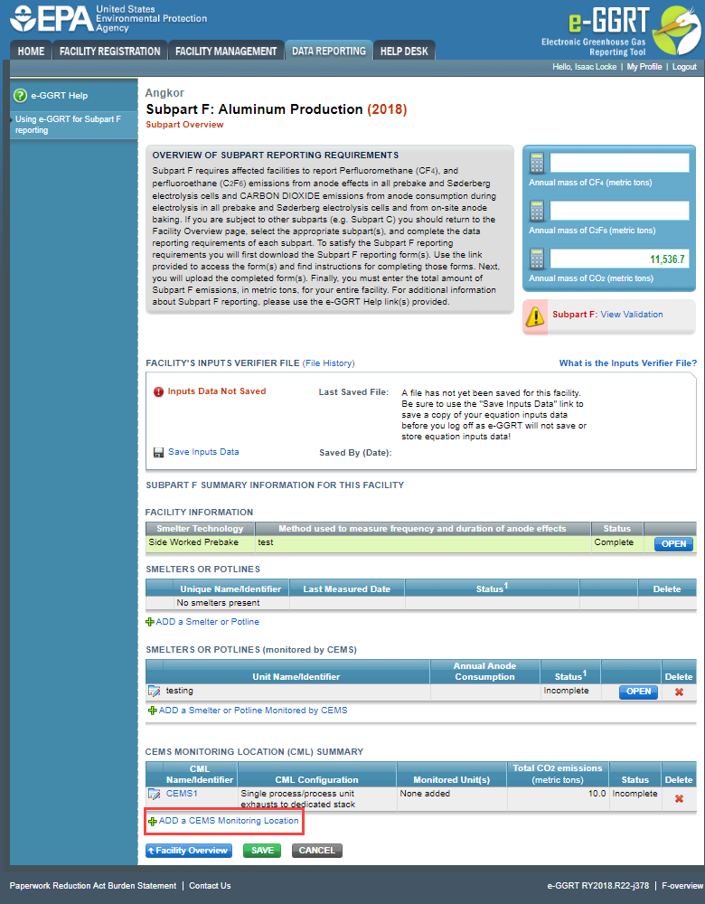 Subpart F: Click the ADD a CEMS Monitoring Location link