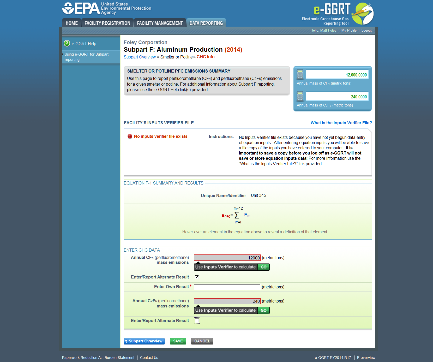 Subpart F - PFC Emissions Enter Own Result