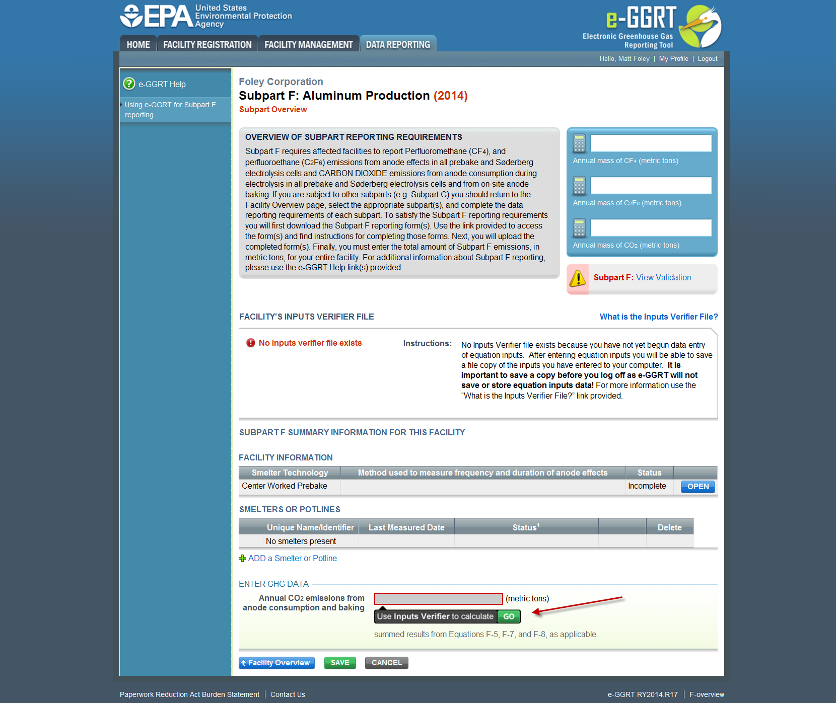 Subpart F: Enter GHG Data