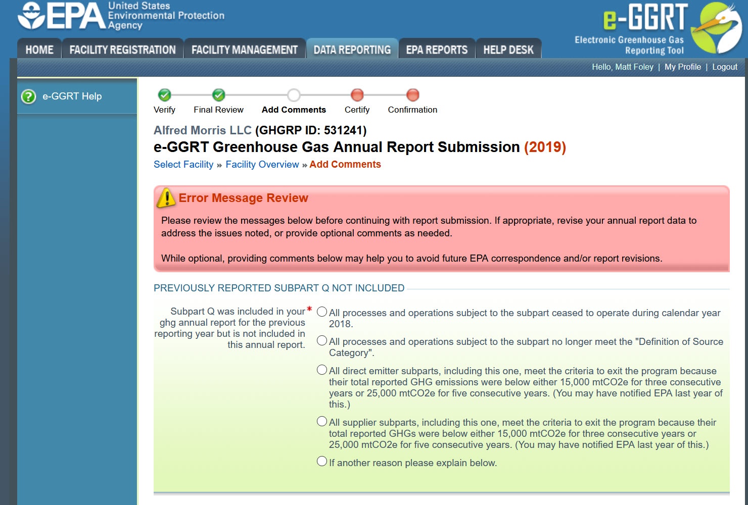 Error Message Review - Previously reported subpart not included