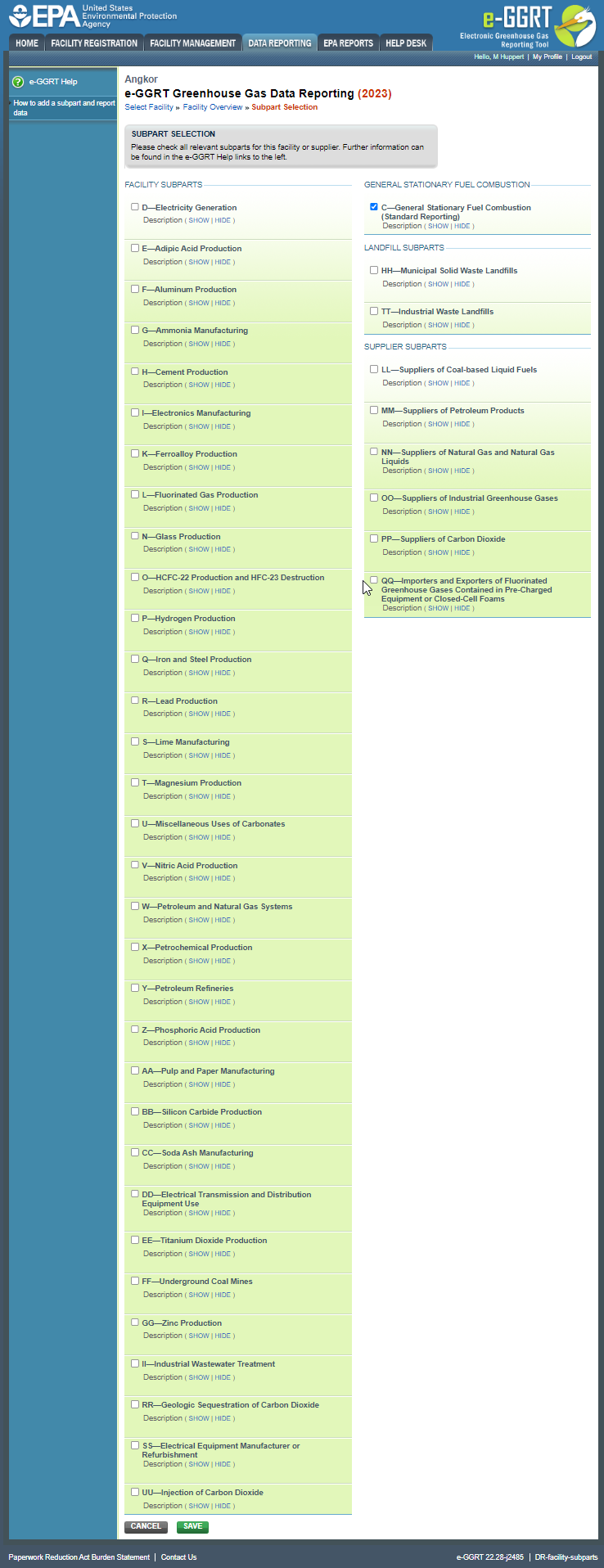 Add or remove subparts for report by selecting one or more check boxes