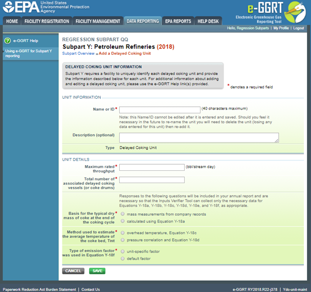 Subpart Y: Adding or Updating Delayed Coking Unit Information