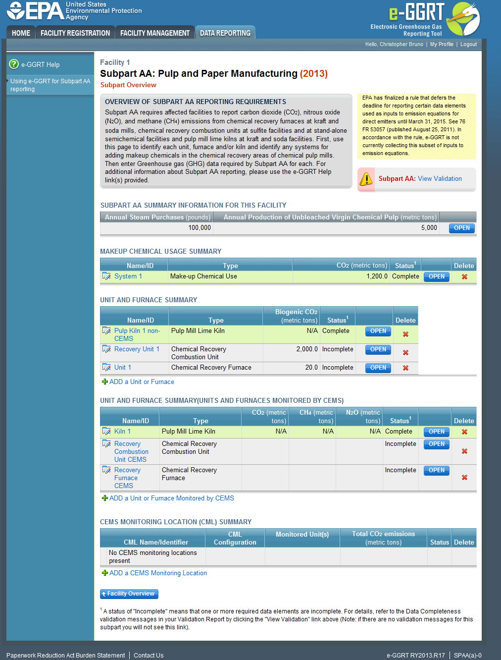 Subpart AA: Adding or Updating Emissions Information for a Chemical Recovery Furnace or Combustion Unit