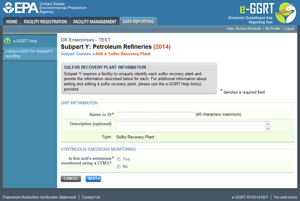 Subpart Y: Adding or Updating Sulfur Recovery Plant Information