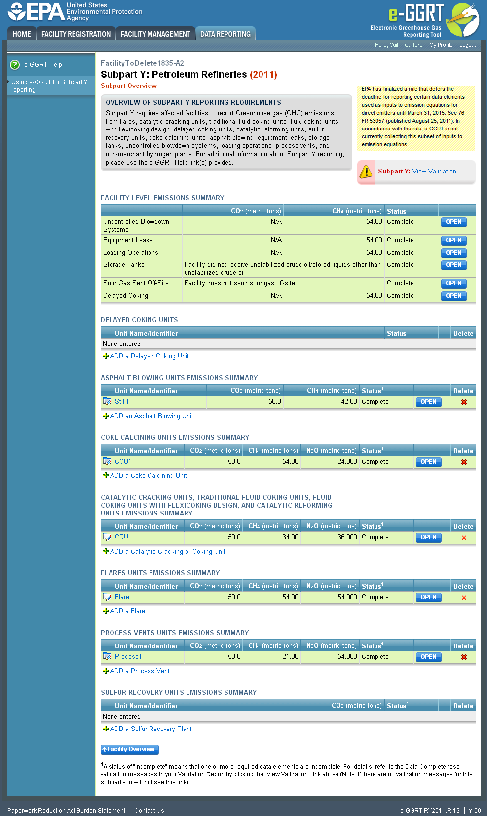 Subpart Y: On-Site Sulfur Recovery Plant Information