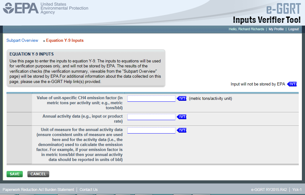 Subpart Y: Equation Y-9 Inputs in e-GGRT IVT