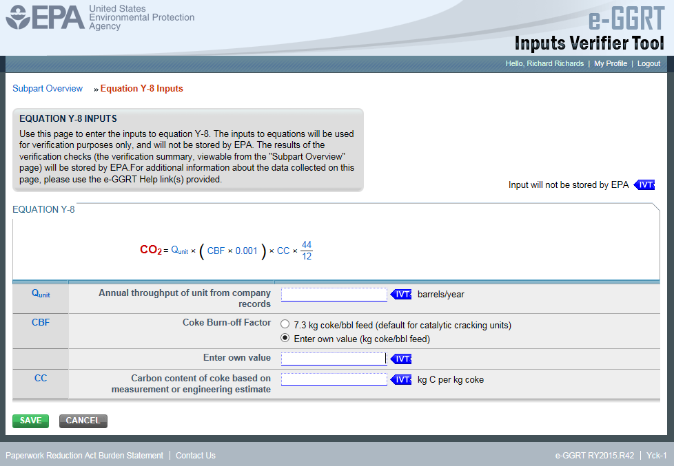 Subpart Y: Equation Y-8 Inputs in e-GGRT IVT