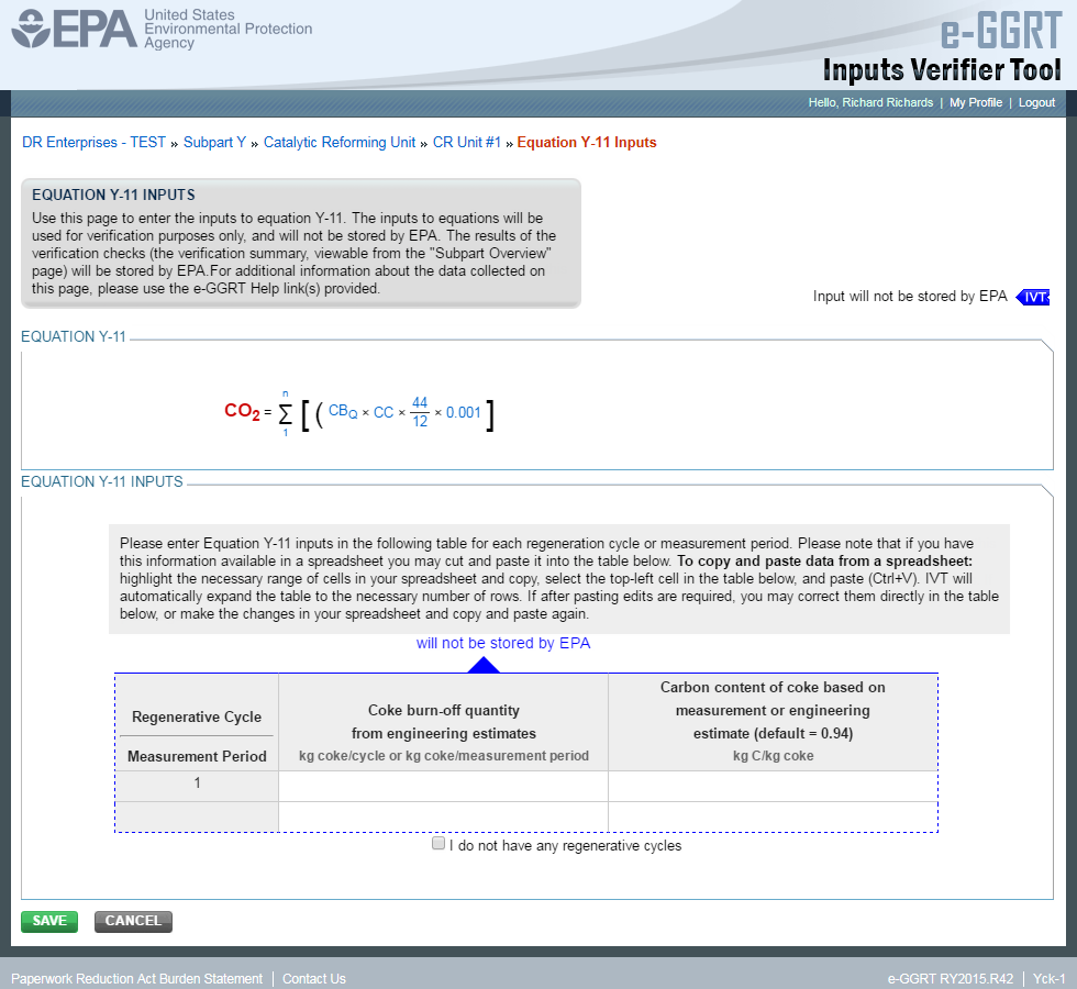 Subpart Y: Equation Y-11 Inputs in e-GGRT IVT