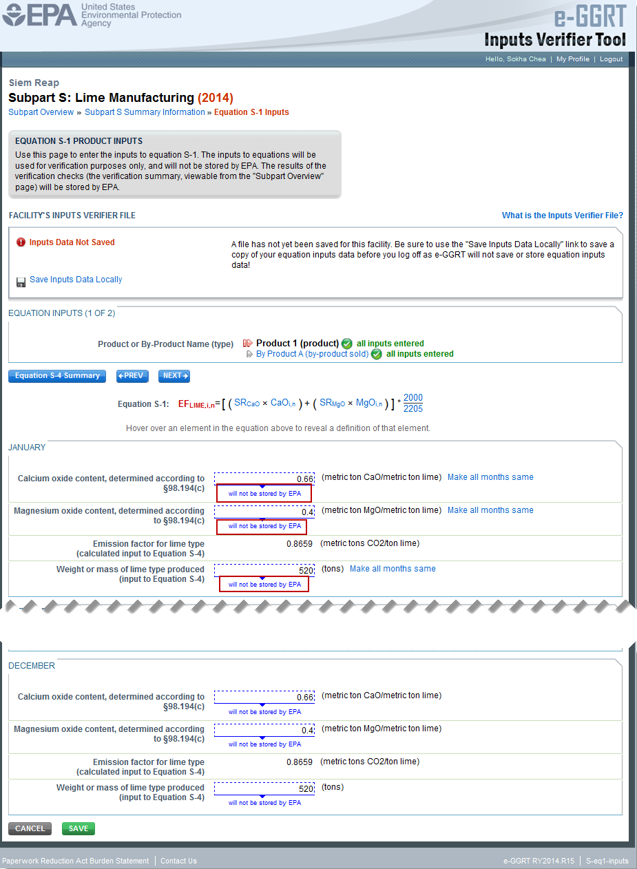 Inputs Verifier Tool Equation S-1 Inputs Entering Data