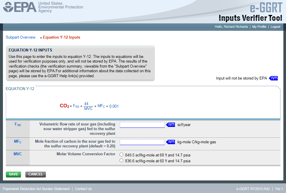Subpart Y: Equation Y-12 Inputs in e-GGRT IVT