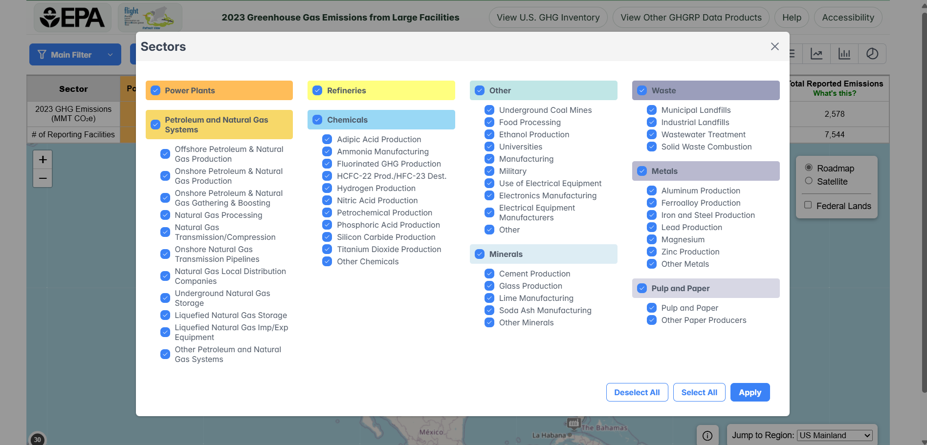 Sector Filters Checkboxes