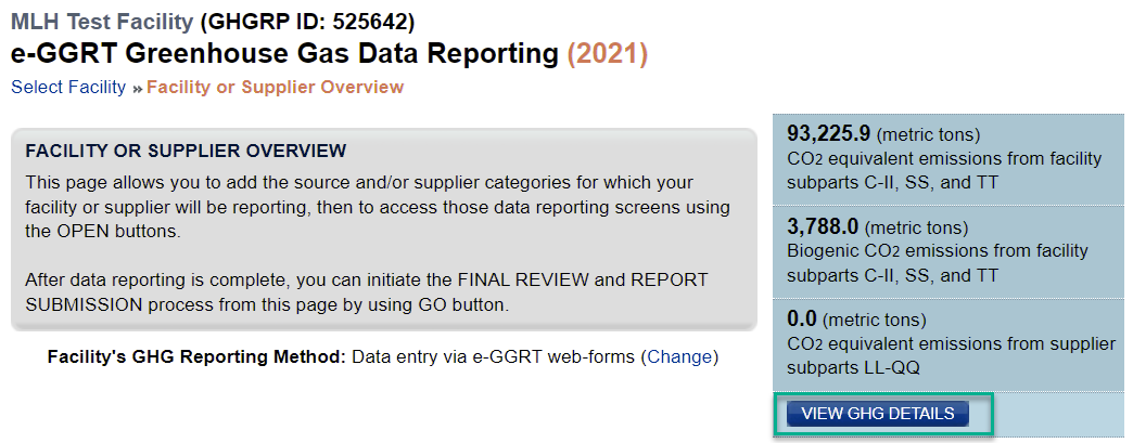 View GHG Details section