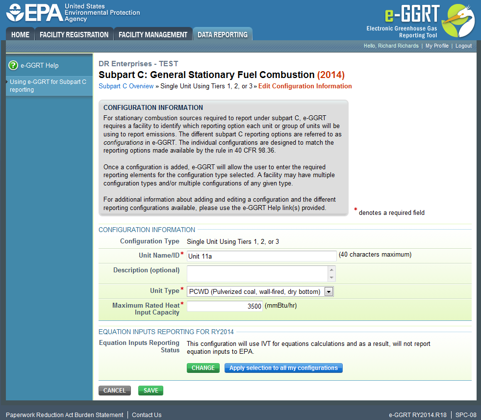 Subpart C Configuration Summary Equation Inputs Reporting for Fiscal Year