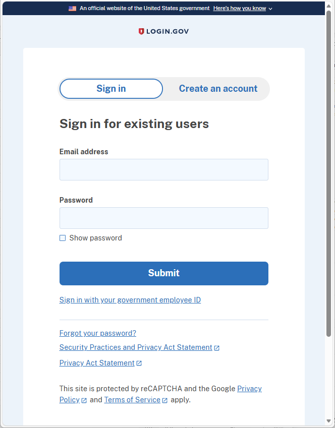 The Login.gov screen during user registration