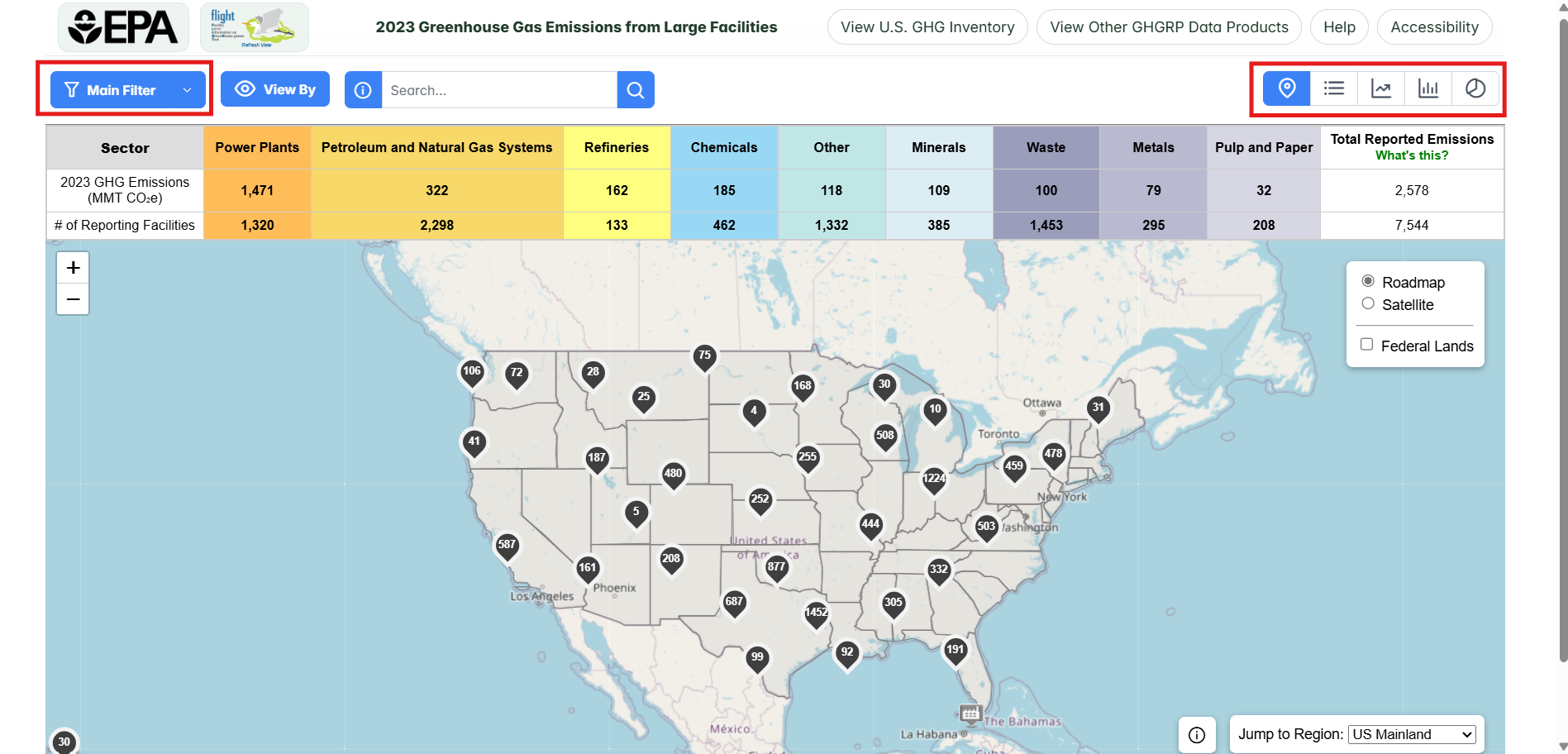 Map View, both Main Filter and Data Views buttons highlighted