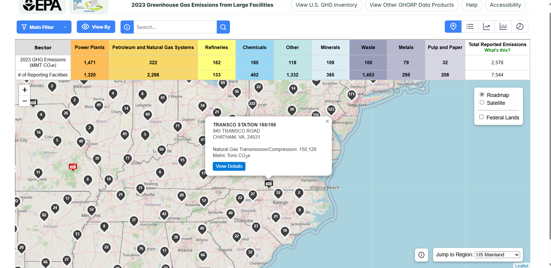 Example of hovering over a facility in map view.