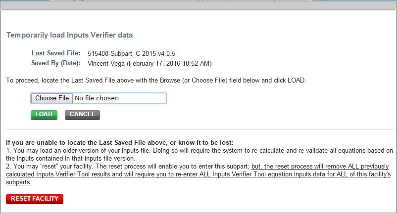 Input Verifier Tool Equation S-1 Inputs Reload Non-recent File