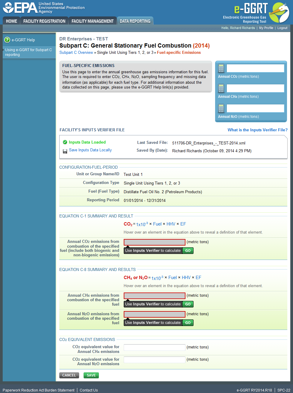 Subpart C Reporting Fuel Emissions via IVT Equation