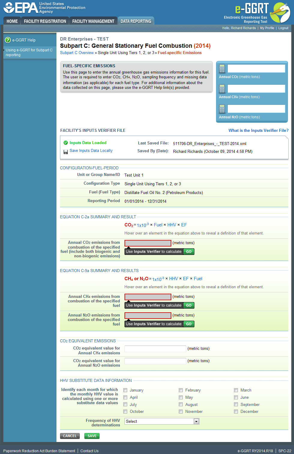 Subpart C: General Stationary Fuel Combustion - Reporting Emissions and Equation Inputs to EPA