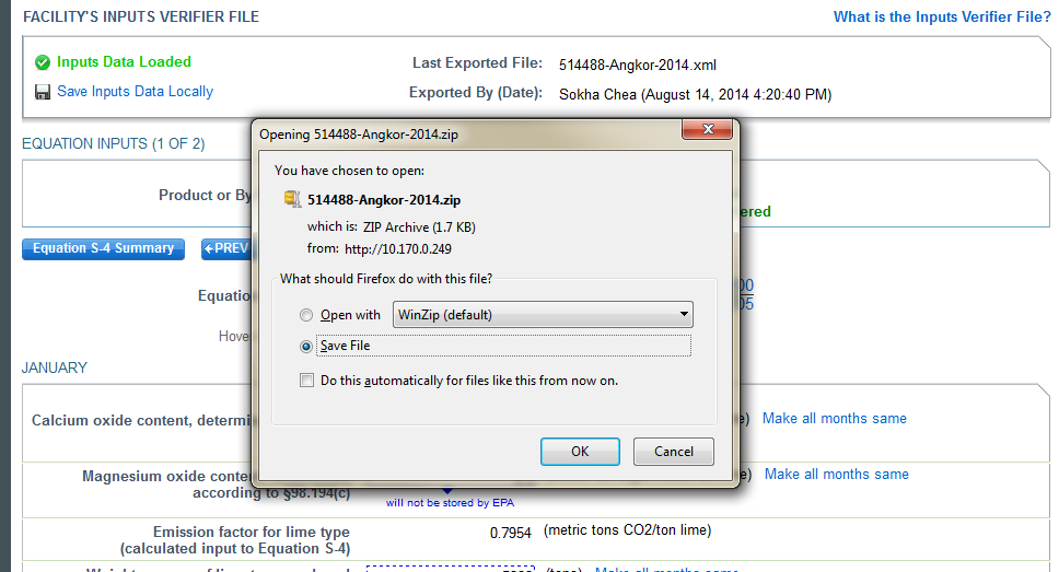 Input Verifier Tool Equation S-1 Inputs Saving Data
