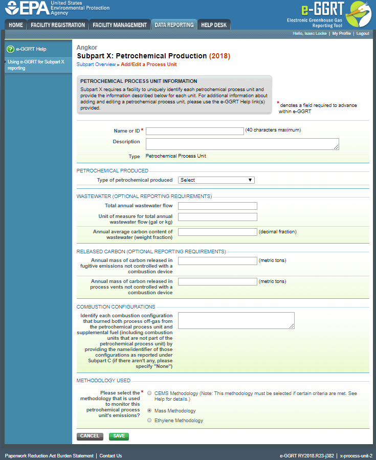 Subpart X: Step 1 - Add/Edit a Process Unit