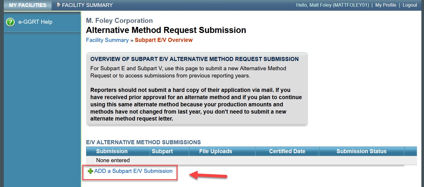 Subpart E/V Overview: Click the ADD a Subpart E/V Submission link