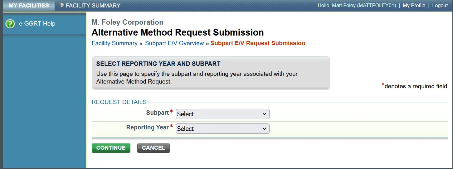 Select a Subpart and Reporting Year