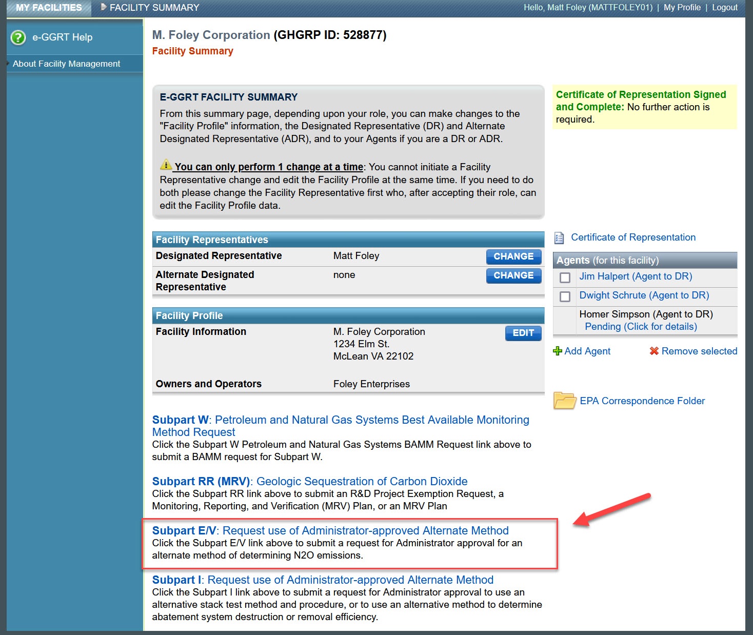 Facility Summary - Select the Subpart E/V: Request use of Administrator-approved Alternative Method link