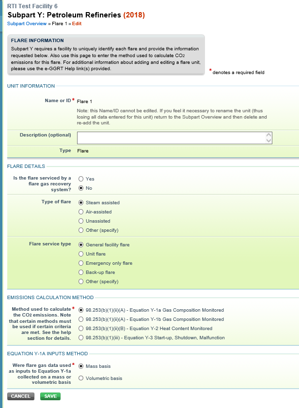 Subpart Y: Step 1 - Adding or Updating Flares Unit Information