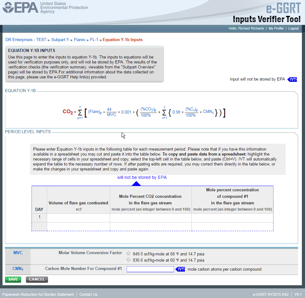 Subpart Y: Equation Y-1b Inputs in e-GGRT IVT