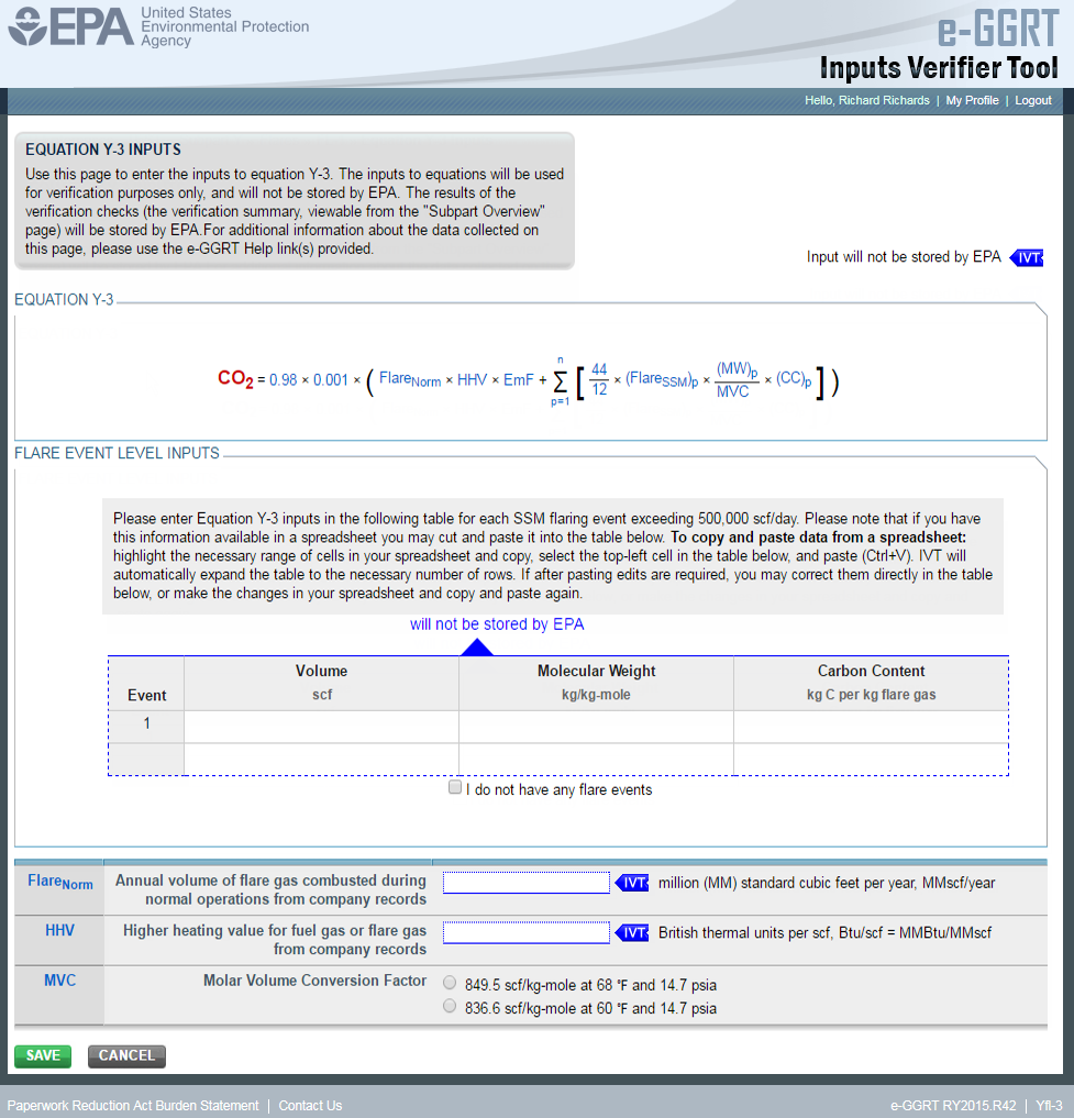 Subpart Y: Equation Y-3 Inputs in e-GGRT IVT