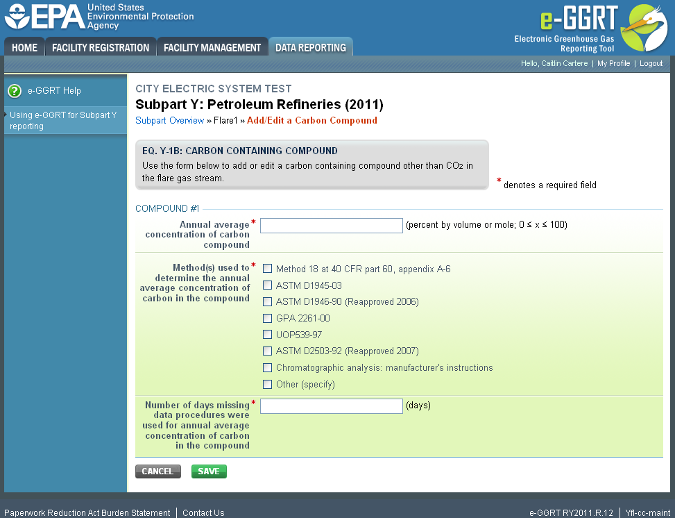 Subpart Y: Equation Y-18 Add/Edit a Carbon Compound