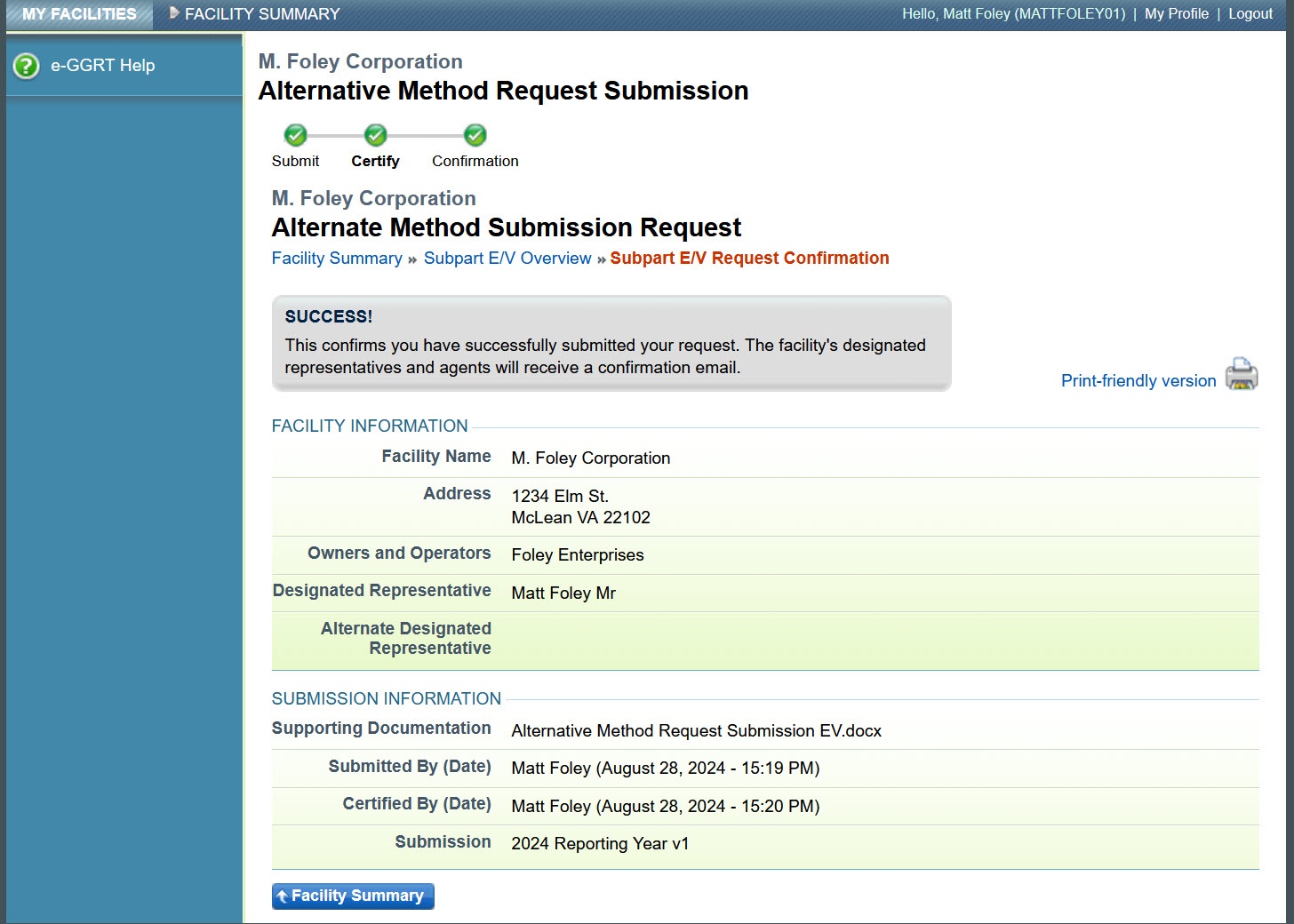 Alternative Method Request Confirmation Success page