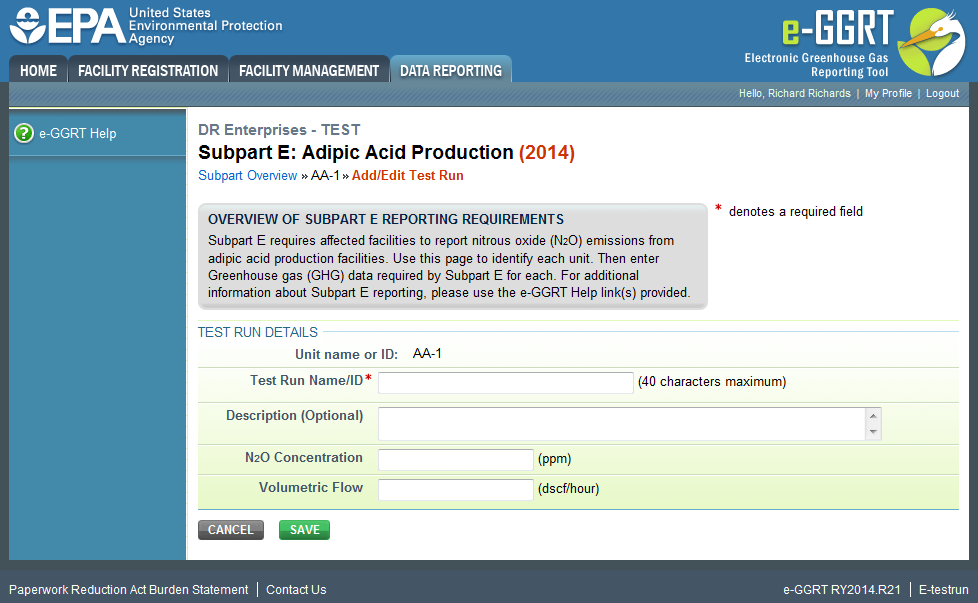 Subpart E: Add/Edit Test Run page