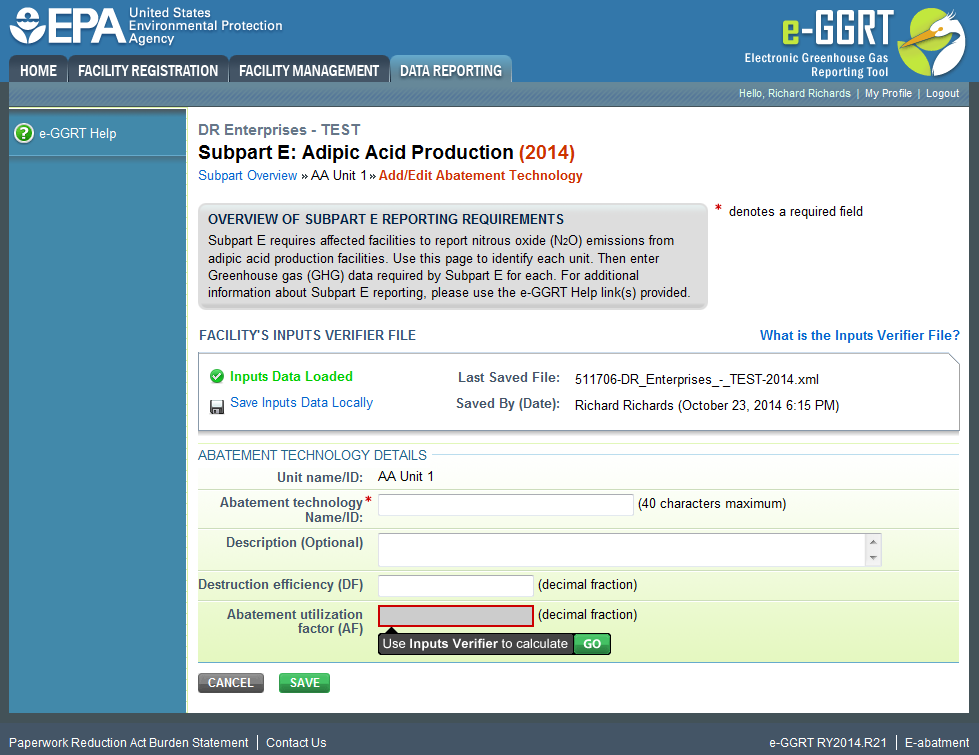 Subpart E: Step 4. Enter Abatement Technologies Information