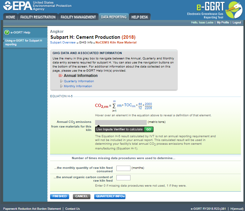 Subpart H: Step 6 - Click the QUARTERLY INFO button