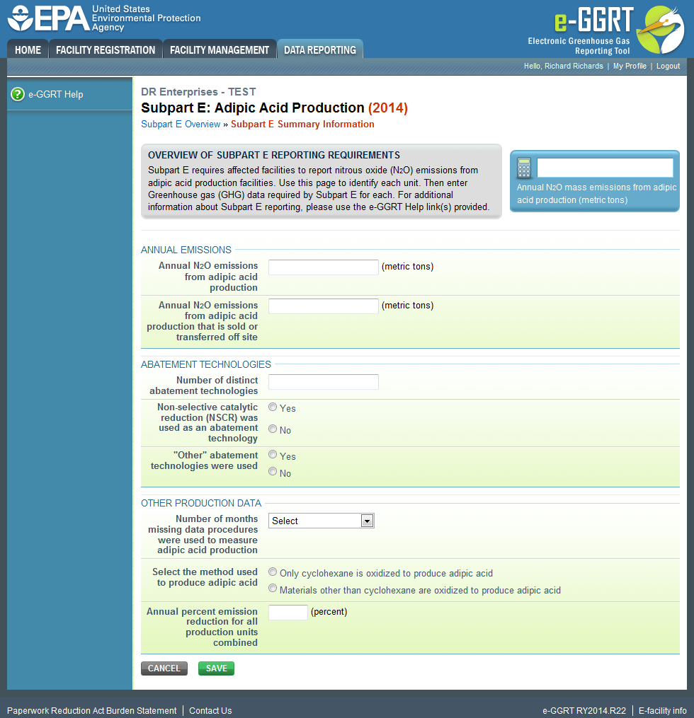 Subpart E: Summary Information page