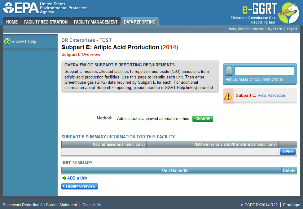 Subpart E: Click Open on the Overview of Subpart E Reporting Requirements page