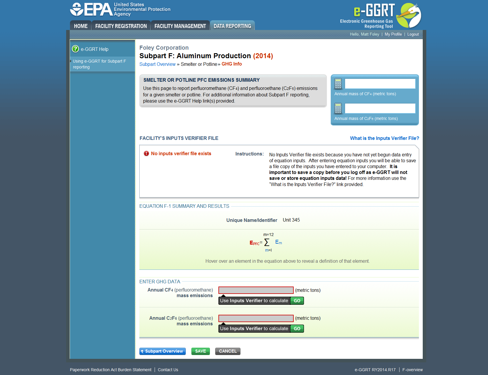 Subpart F: PFC Emissions Summary
