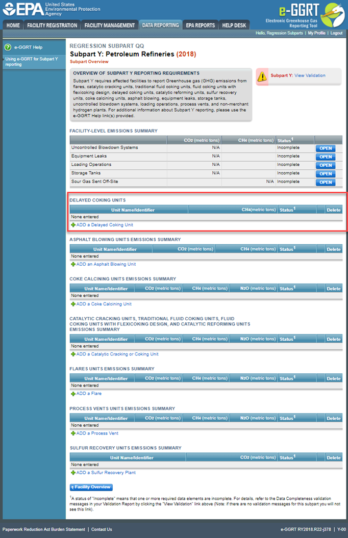 Subpart Y: Delayed Coking Unit Information for RY2018 and Later Years